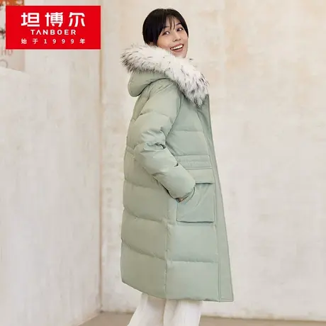 坦博尔羽绒服女中长款宽松冬装韩版收腰大毛领外套断码清仓商品大图