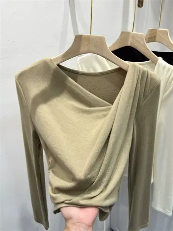 不规则V领针织衫小众别致上衣女2023早秋新款纯色褶皱个性打底衫商品大图