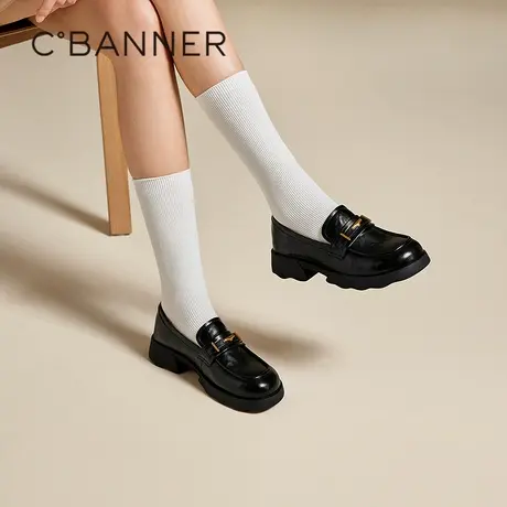 千百度厚底手抓皮乐福鞋（豆豆鞋）女2025秋季新款增高真皮小皮鞋图片