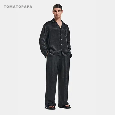 TOMATOPAPA意式风中式铜氨丝长袖衬衫古巴领居家开衫外穿睡衣套装商品大图