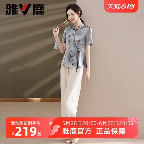 雅鹿妈妈装中老年新中式套装2025年夏季新款女士短袖宽松休闲上衣图片