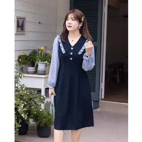 2023年秋装新款海军领收腰显瘦大码胖MM撞色连衣裙气质长款A字裙商品大图