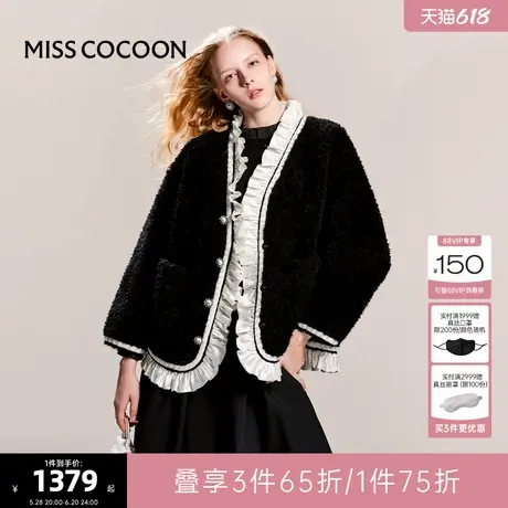 可可尼cocoon羊毛皮草女款2024新款蝴蝶结花边大衣小个子黑色外套图片