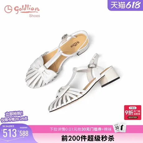 金利来女鞋2025夏季新款粗跟罗马凉鞋法式方头中跟镂空编织猪笼鞋图片