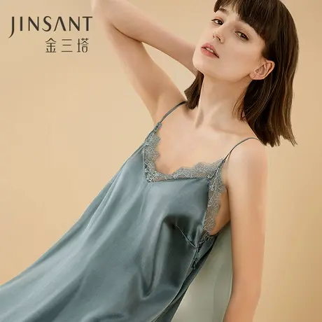 金三塔2025春夏新品 真丝v领吊带睡裙女100%桑蚕丝可外穿性感睡衣商品大图