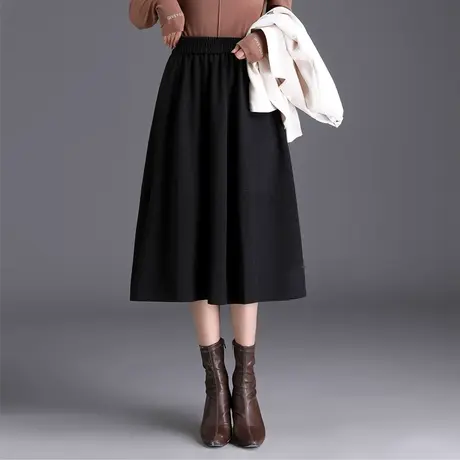 松紧腰休闲裙女春秋2023新款毛呢半身裙a字裙中长款遮胯显瘦伞裙图片