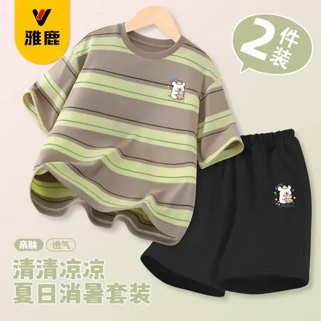 雅鹿女童套装夏季2025新款儿童纯棉条纹半袖上衣中大童薄款短裤潮商品大图
