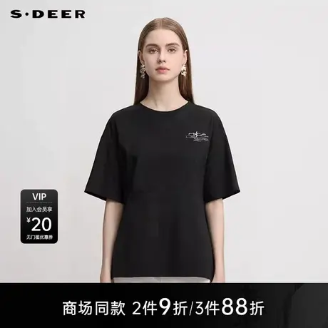 【商场同款】sdeer圣迪奥女时尚圆领撞色字母短袖上衣S25283223图片
