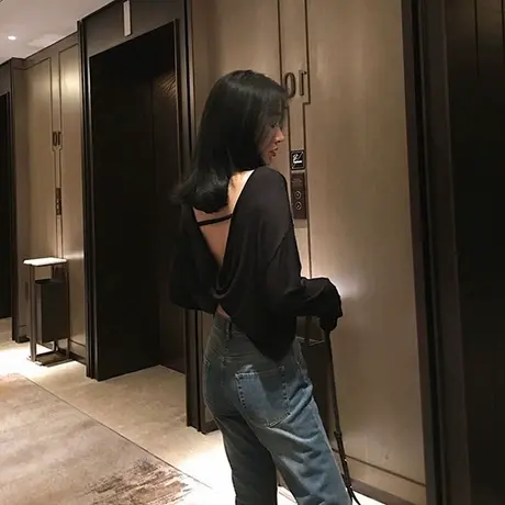 爵士舞t恤女秋短款露背上衣长袖女打底衫宽松学生性感演出服jazz商品大图