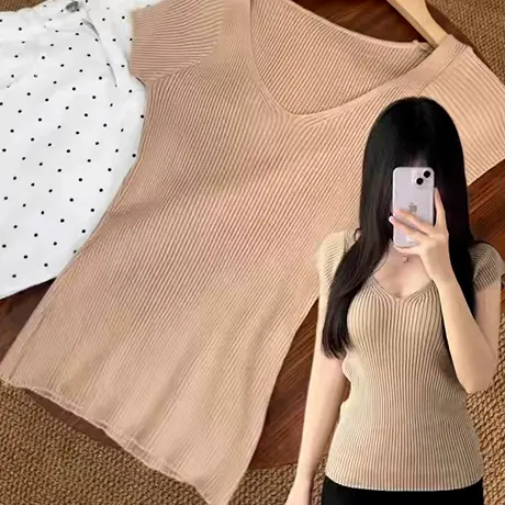 冰丝针织衫v领短袖t恤女夏韩系设计感辣妹修身超好看独特漂亮上衣商品大图