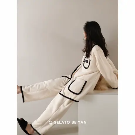 贝妍高级感睡衣女冬季加厚双层复合珊瑚绒家居服开衫大码保暖套装商品大图