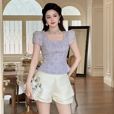 亮闪闪绣花方领上衣女装商品大图