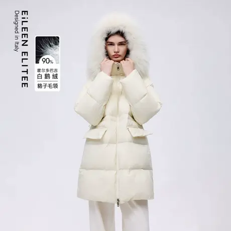朗姿欧洲EiLEEN ELITEE霍尔多巴吉白鹅绒貉子毛领直筒连帽羽绒服商品大图