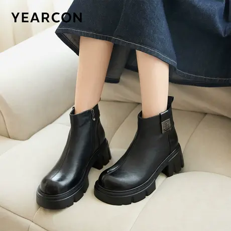 意尔康女鞋2025冬季真皮法式短靴粗跟气质显瘦单靴及踝靴女士皮鞋商品大图