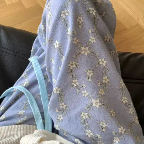 新品！蓝底小白花少女全棉磨毛睡裤女秋冬季家居裤亲肤有口袋商品大图