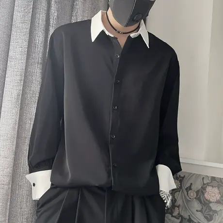 秋季长袖衬衫男小众爆款潮流复古高级感拼色上衣时尚雅痞内搭衬衣图片