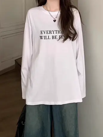 仿棉白色长袖t恤女2023新款圆领秋冬新款内搭打底衫大码女装上衣图片