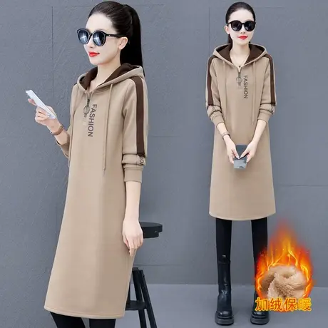 中长款加绒卫衣女秋冬2023年新款时尚半拉链连帽过膝卫衣裙子外套图片