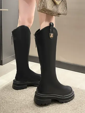 厚底增高棕色V口中筒骑士靴女鞋2023年新款秋冬季瘦瘦长筒长靴子图片