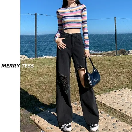 梨形身材破洞牛仔裤女夏2023年新款宽松直筒裤显瘦黑色高腰阔腿裤图片