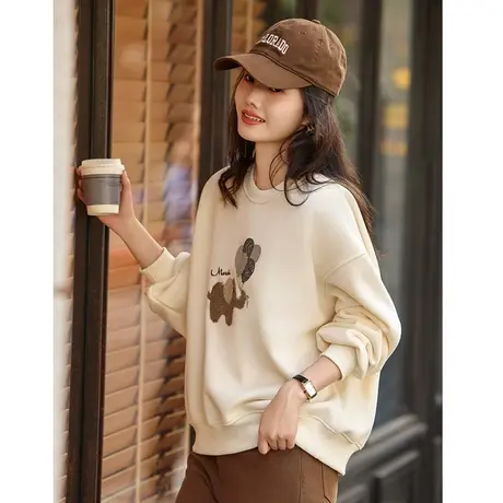 时尚气质上衣2023年冬季新款女韩版宽松显龄百搭圆领套头加绒卫衣商品大图