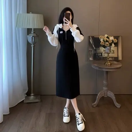 胖妹妹休闲连衣裙秋季高级感长袖女卫衣裙大码收腰显瘦长裙200斤商品大图