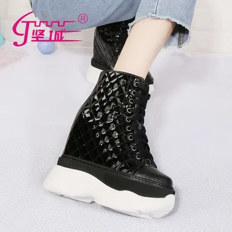 14cm内增高马丁靴秋冬新款棉鞋女加绒漆皮厚底短靴真皮休闲高帮鞋商品大图