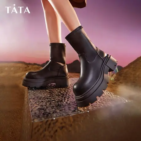 Tata他她厚底弹力短靴女英伦复古美拉德瘦瘦靴商品大图