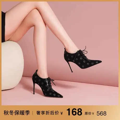 熙漫2023秋冬新款尖头细跟深口单鞋设计感欧美小众复古高跟及踝靴商品大图