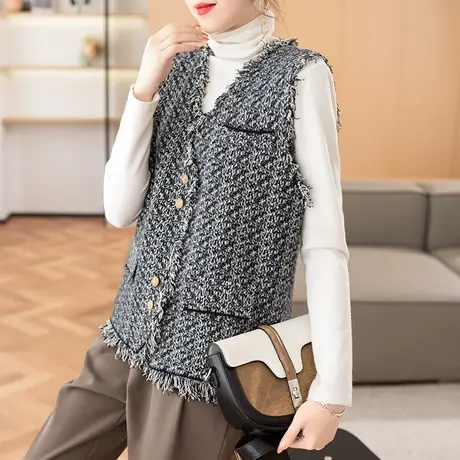 23159新款韩版宽松V领针织衫流苏V领无袖马甲背心开衫外套女士图片