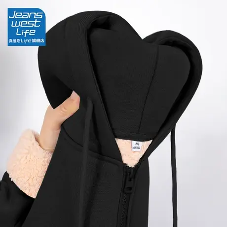 真维斯LIFE黑色加绒连帽外套女秋冬款小个子宽松显瘦羊羔绒卫衣女商品大图