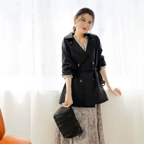 桔熊秋冬季通勤高级感双排扣泡泡袖中长款风衣外套女大码EA3371商品大图