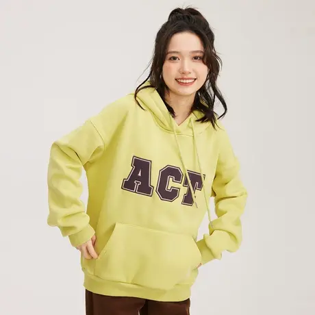 尔给柠檬黄带帽子套头加厚卫衣女加绒2022新款独特韩版商品大图