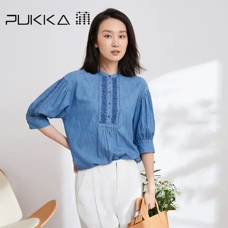 蒲PUKKA棉麻衬衫女2023春季宽松休闲刺绣牛仔衬衣原创设计感上衣图片