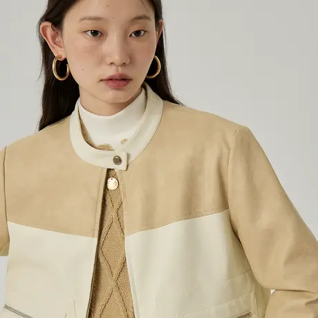 omont蛋挞家 复古pu皮机车外套女冬季新款撞色短款夹克上衣商品大图