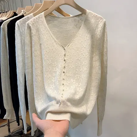 v领镂空提花毛衣2023春新款女装长袖打底衫宽松韩版慵懒针织上衣图片