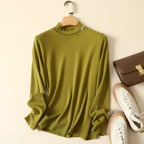 清仓！秋装新款蕾丝拼接半高领女士内搭针织宽松洋气打底衫毛衣女商品大图