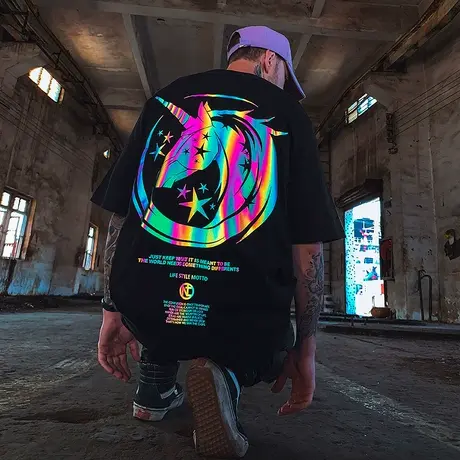 国潮反光短袖T恤潮牌夏款大码男装半袖情侣装夏装设计感上衣男潮商品大图