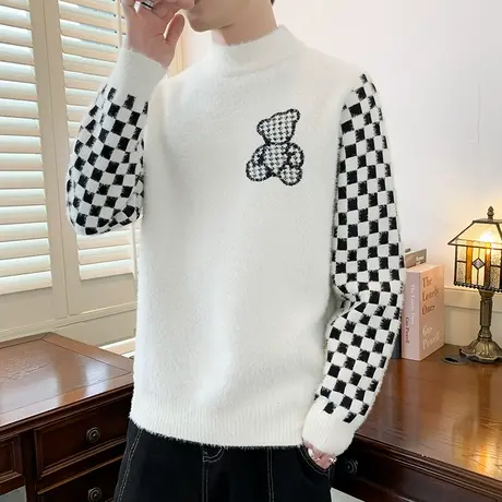 青少年学生提花小熊毛衣男韩版潮流黑白格子潮牌长袖打底针织衫男商品大图