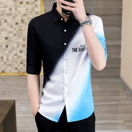 2022新款夏季短袖衬衫男韩版个性潮牌帅气上衣潮流拼色七分袖衬衣商品大图