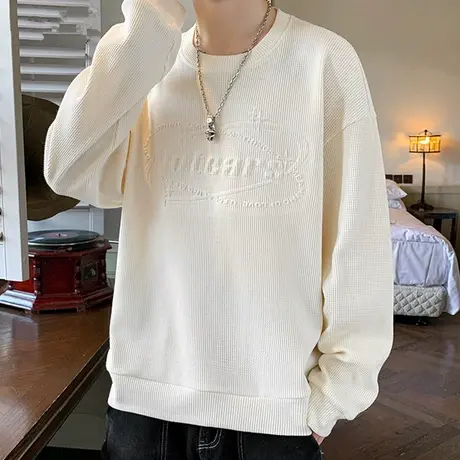 华夫格长袖t恤男士春秋季新款立体压花卫衣男圆领潮牌上衣打底衫图片