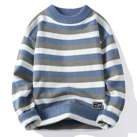 圆领毛衣男秋冬季新款加厚保暖条纹针织打底衫潮牌慵懒套头毛线衣商品大图