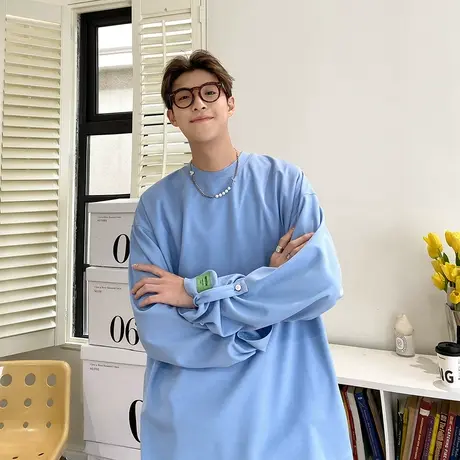 韩版ins小众设计感潮牌痞帅炸街长袖T恤高级感春夏纯色圆领打底衫商品大图