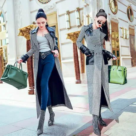 VJE秋冬季千鸟格拼接毛呢大衣女新款时尚帅气翻领收腰外套商品大图