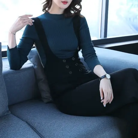 心语泉黑色背带裤女长裤大码2023春秋新款修身显瘦宽松高腰阔腿裤商品大图