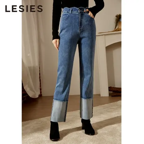 蓝色倾情冬季女装新款 蓝色波浪纹腰翻边设计直筒百搭牛仔裤图片