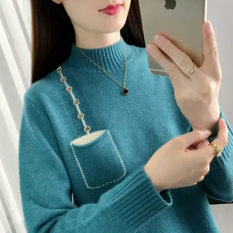 半高领毛衣女秋冬2025年新款拼色内搭宽松上衣口袋针织打底衫加厚商品大图