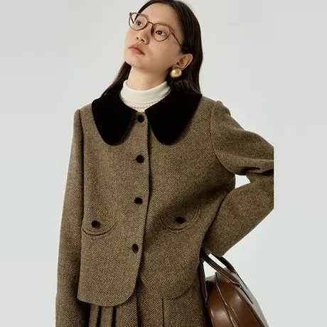 omont蛋挞家 复古小香风短外套女冬新款撞色娃娃领毛呢大衣商品大图