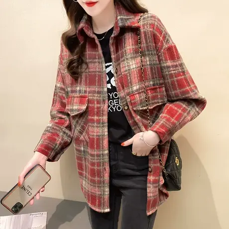 拼色格子衬衫女春秋加厚上衣2023春装新款女装宽松百搭磨毛衬衣潮商品大图