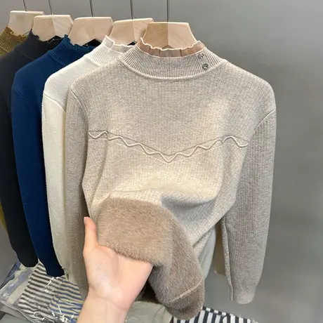 加绒半高领毛衣女一体绒加厚打底衫2023秋冬新款上衣蕾丝针织衫潮商品大图